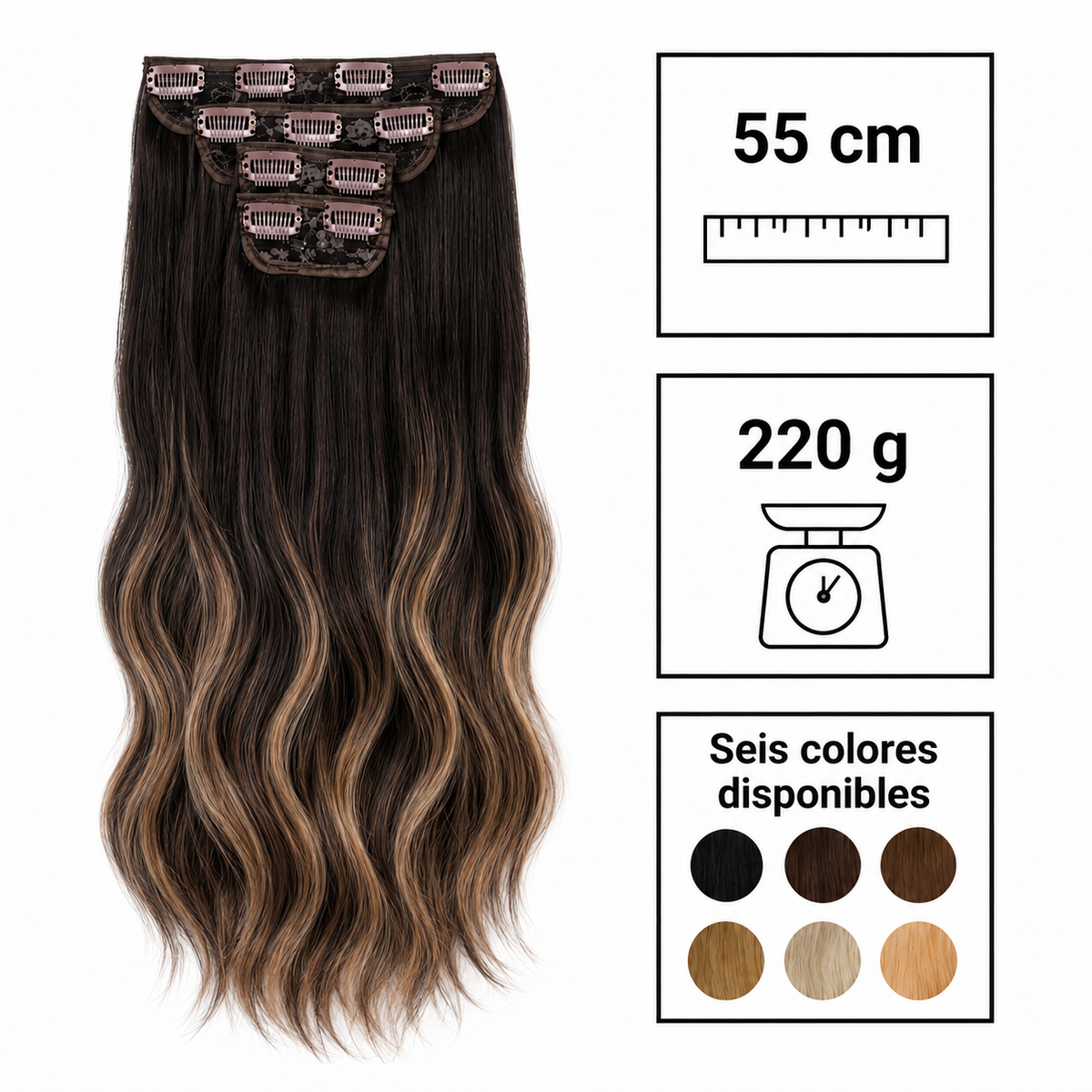 VARIOS COLORES Extensiones Clip fibra 55 cm